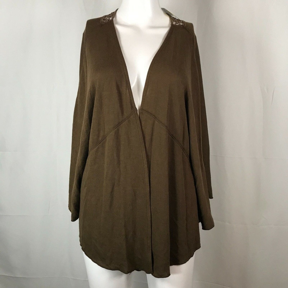 NWT One World Jacket Womens Sz S Olive Green Crochet Back Open Front Cardi